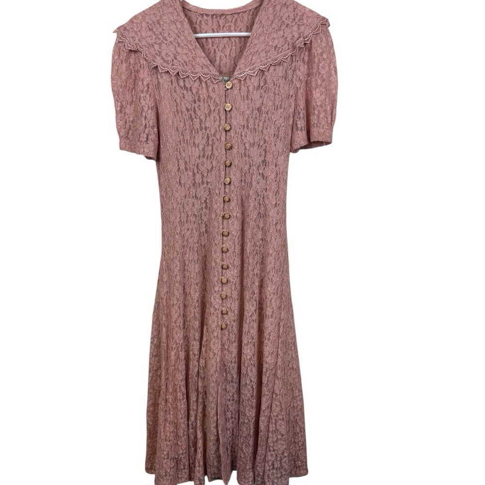Vintage Betsy's Things mauve Lace midi/maxi Button Down Dress Lined Fairy S